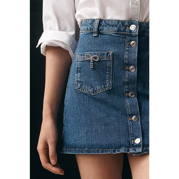 Maeve High Waisted Button-Front Denim Bow A-Line Mini Skirt Blue Women's Size 6 - Picture 2 of 8